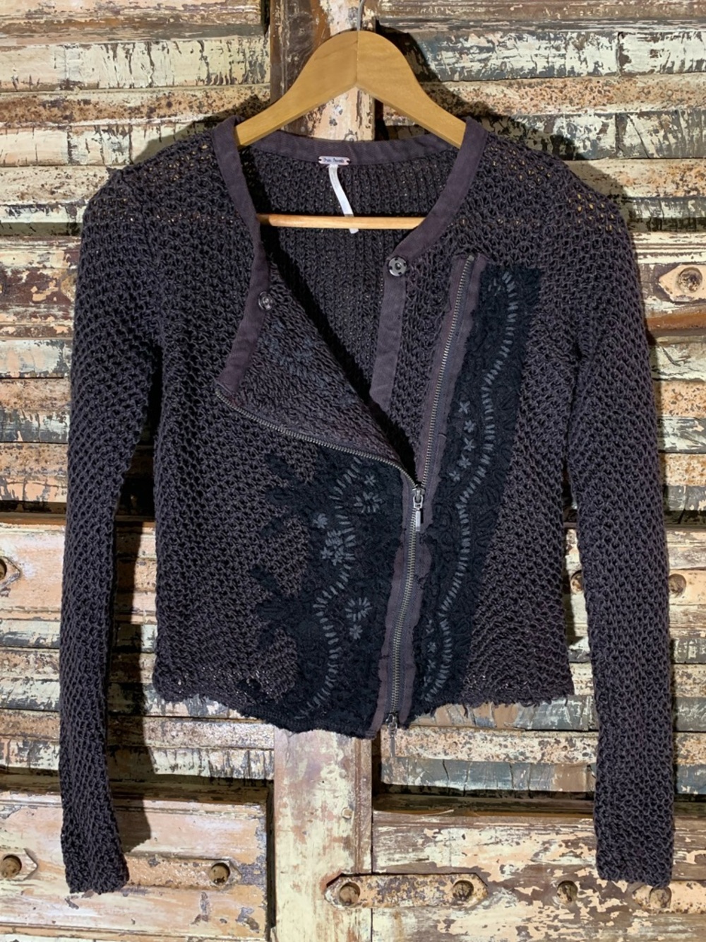 Free People Femme Fatal Moto Open Knit Zip Sweater Cardigan, Charcoal Combo, S